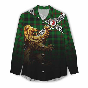 Halkerston Crest Tartan Women's Casual Shirt with Golden Lion Emblem Celtic Style Female - Tartan Vibes Clothing