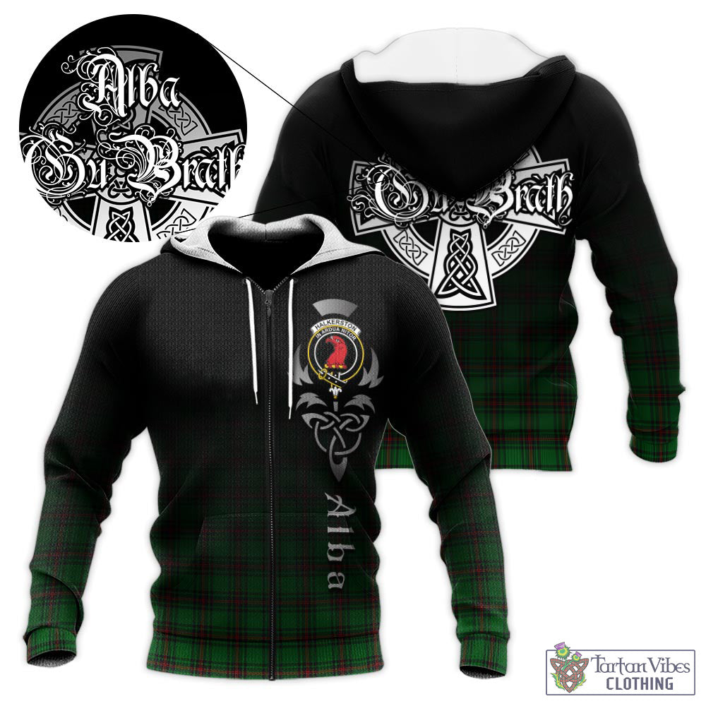 Tartan Vibes Clothing Halkerston Tartan Knitted Hoodie Featuring Alba Gu Brath Family Crest Celtic Inspired