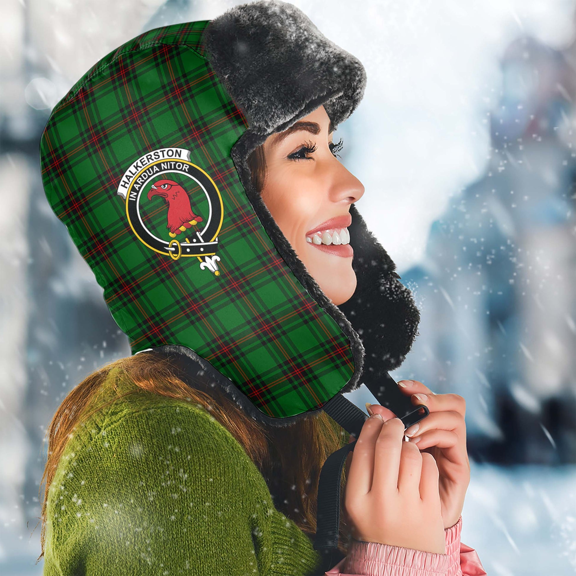 Halkerston Tartan Winter Trapper Hat with Family Crest Winter Trapper Hat Universal Fit Circumference 22.8in (58cm) - Tartan Vibes Clothing