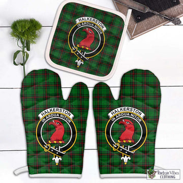 Halkerston Tartan Combo Oven Mitt & Pot-Holder with Family Crest Combo 2 Oven Mitt & 1 Pot-Holder Black - Tartan Vibes Clothing