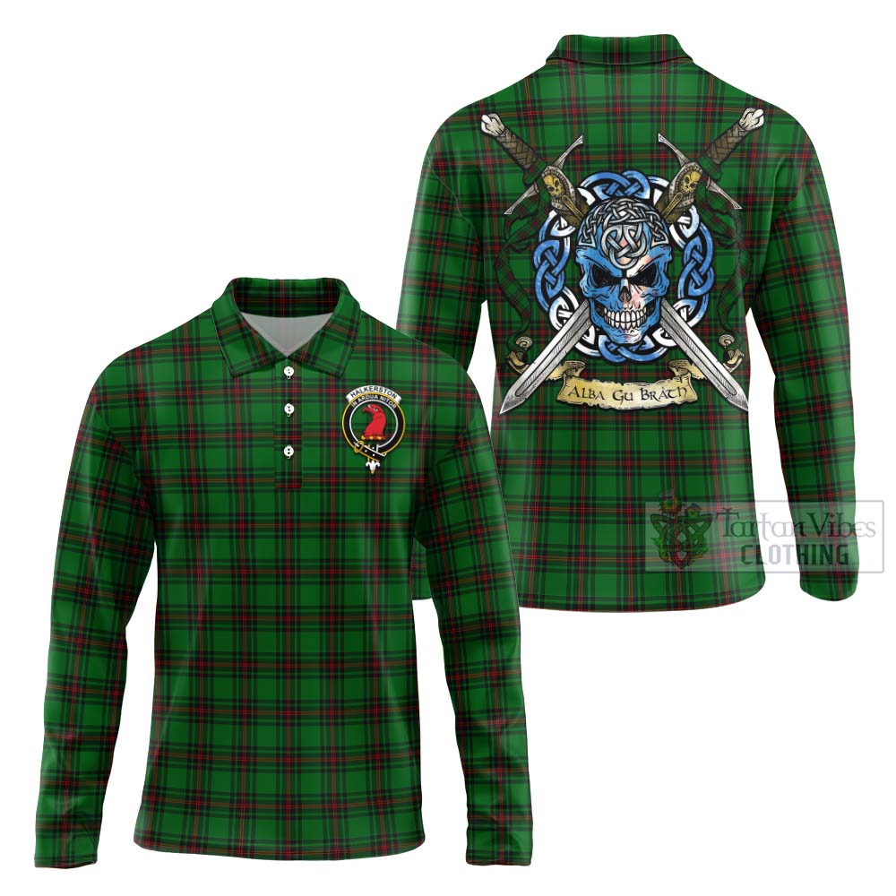 Halkerston Tartan Long Sleeve Polo Shirt with Family Crest Celtic Skull Style Unisex - Tartan Vibes Clothing