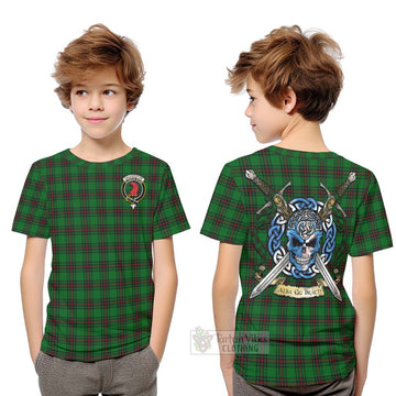 Halkerston Tartan Kid T-Shirt with Family Crest Celtic Skull Style Youth XL Size14 - Tartan Vibes Clothing