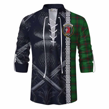 Halkerston Tartan Ghillie Kilt Shirt with Family Crest Cross Sword Thistle Celtic Vibes Men - Tartan Vibes Clothing