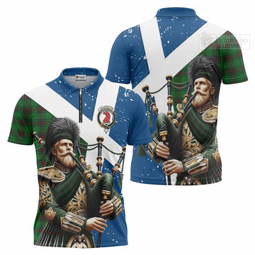 Tartan Vibes Clothing Halkerston Tartan Zipper Polo Shirt with Family Crest Scottish Bagpiper Vibes