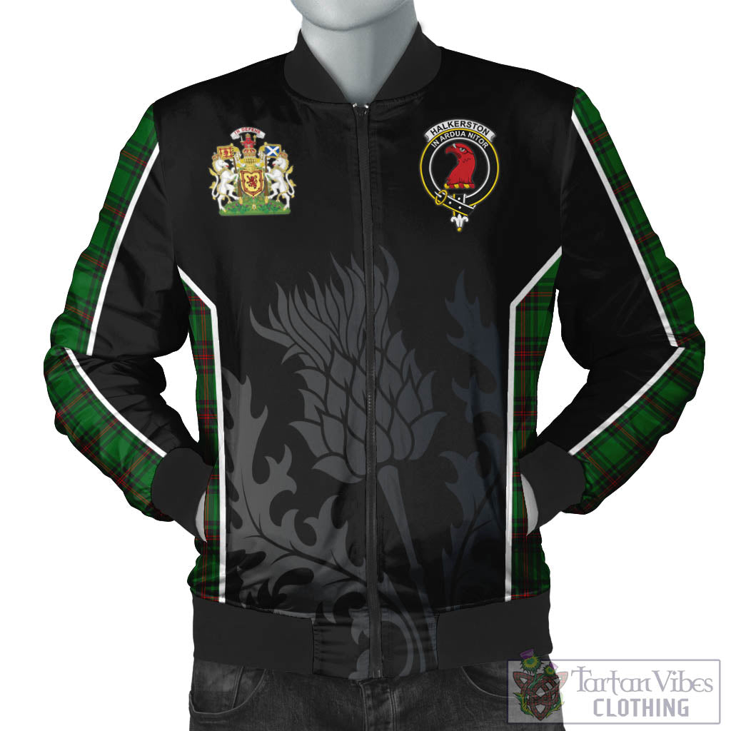 Halkerston Tartan Bomber Jacket with Family Crest and Scottish Thistle Vibes Sport Style Unisex Black - Tartan Vibes Clothing