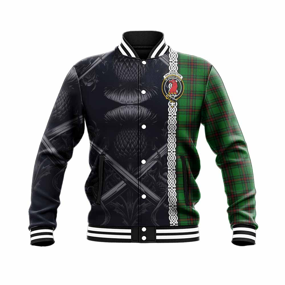 Halkerston Tartan Baseball Jacket with Family Crest Cross Sword Thistle Celtic Vibes Unisex - Tartan Vibes Clothing