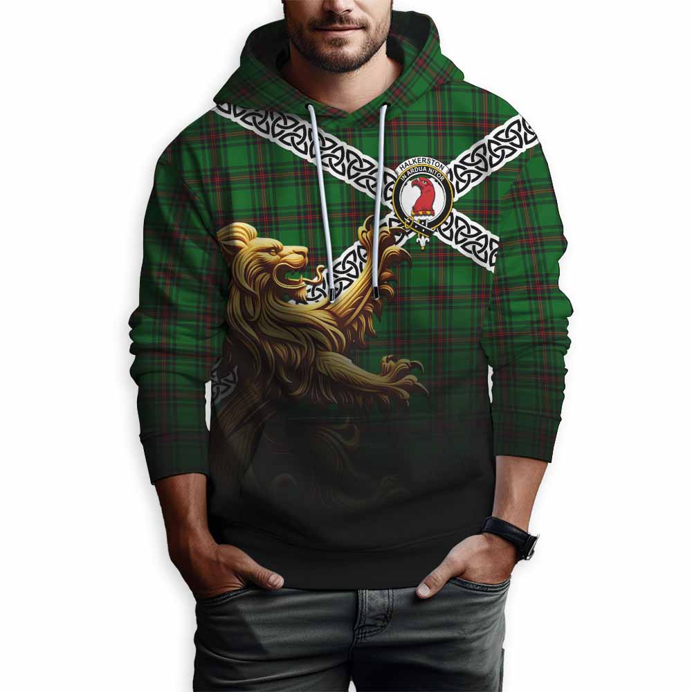 Halkerston Crest Tartan Hoodie with Golden Lion Emblem Celtic Style Pullover Hoodie - Tartan Vibes Clothing