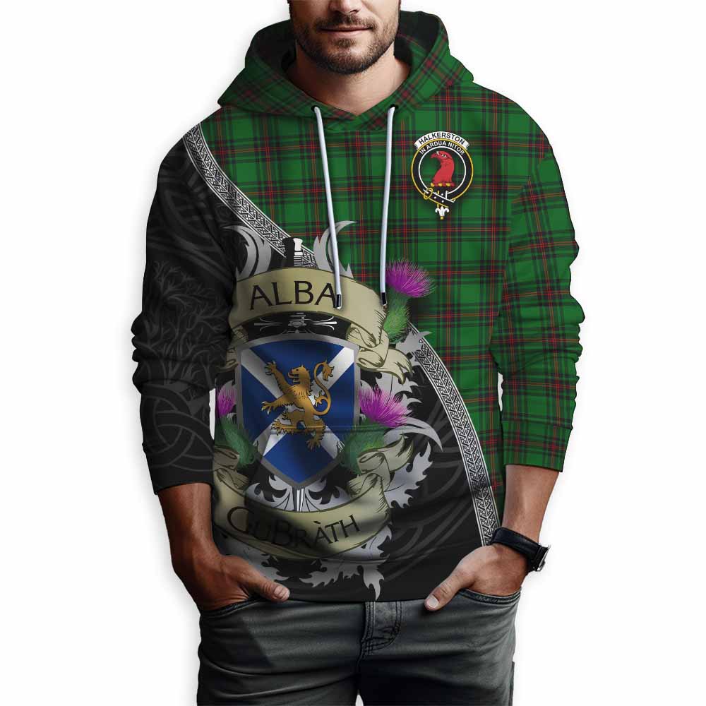 Halkerston Tartan Family Crest Hoodie Lion Rampant Royal Thistle Shield Celtic Inspired Pullover Hoodie - Tartan Vibes Clothing