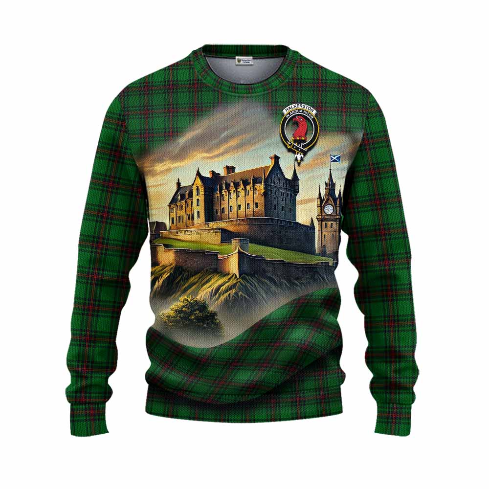 Halkerston Tartan Family Crest Knitted Sweater with Scottish Ancient Castle Style Unisex - Tartan Vibes Clothing