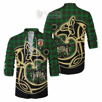 Halkerston Tartan Ghillie Kilt Shirt with Family Crest Celtic Wolf Style Men - Tartan Vibes Clothing