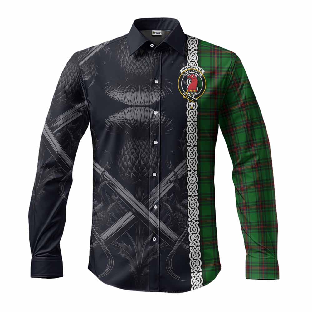 Tartan Vibes Clothing Halkerston Tartan Long Sleeve Button Shirt with Family Crest Cross Sword Thistle Celtic Vibes