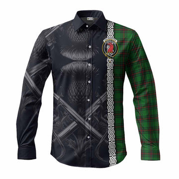 Tartan Vibes Clothing Halkerston Tartan Long Sleeve Button Shirt with Family Crest Cross Sword Thistle Celtic Vibes