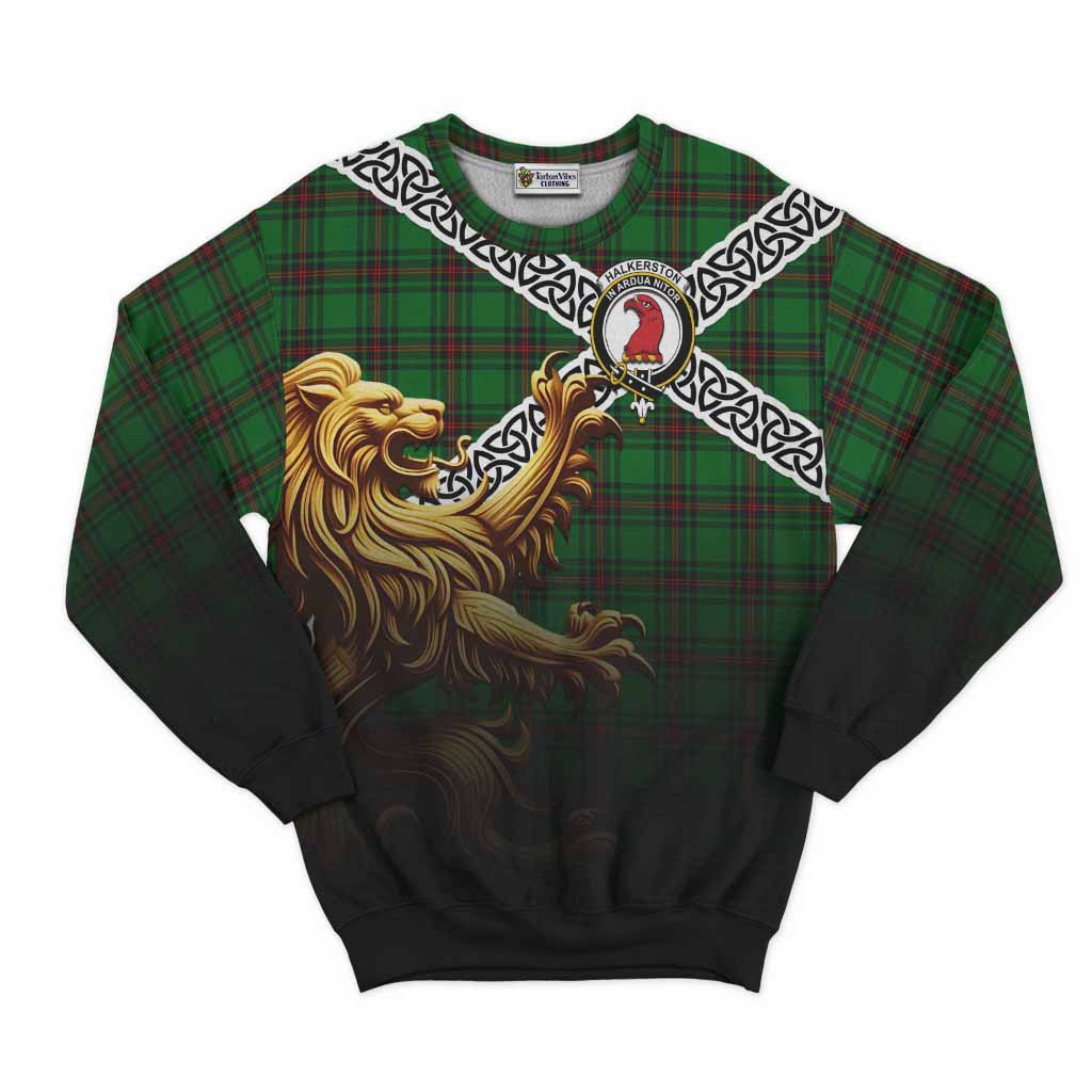Halkerston Crest Tartan Sweatshirt with Golden Lion Emblem Celtic Style Unisex - Tartan Vibes Clothing