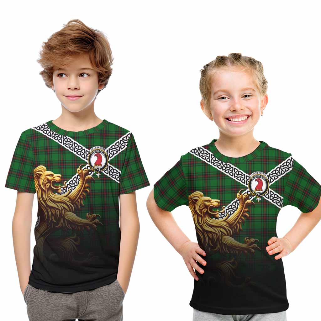 Halkerston Crest Tartan Kid T-Shirt with Golden Lion Emblem Celtic Style Youth XL Size14 - Tartan Vibes Clothing