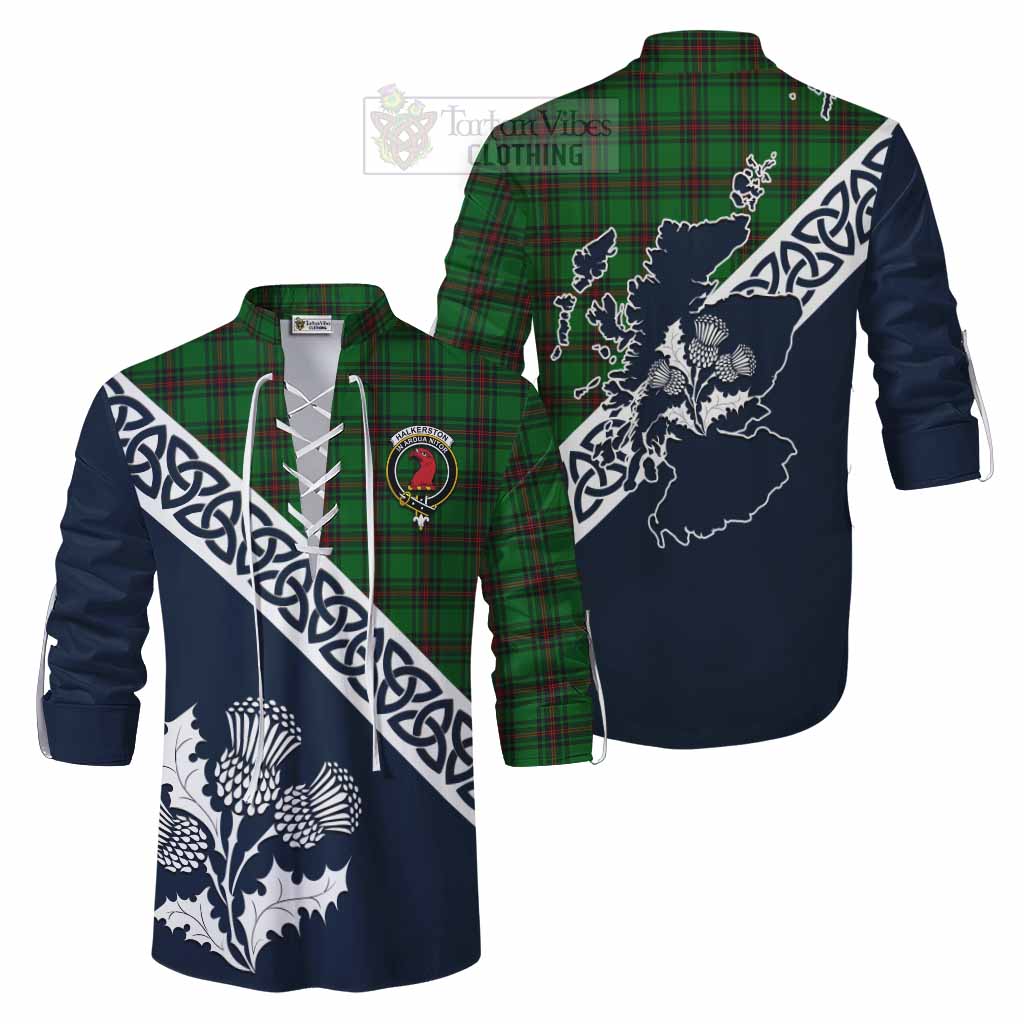 Halkerston Tartan Ghillie Kilt Shirt Featuring Thistle and Scotland Map Men - Tartan Vibes Clothing