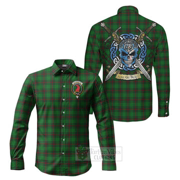 Halkerston Tartan Long Sleeve Button Shirt with Family Crest Celtic Skull Style Men's Shirt S - Tartan Vibes Clothing