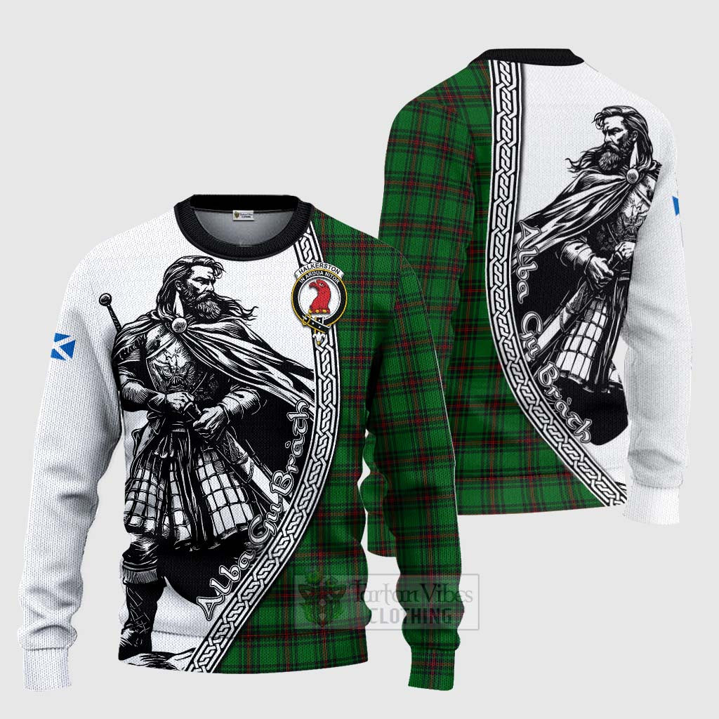 Halkerston Tartan Clan Crest Knitted Sweater with Highlander Warrior Celtic Style Unisex - Tartan Vibes Clothing