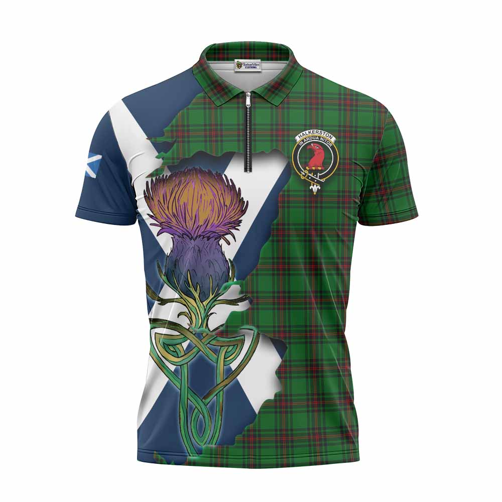 Halkerston Tartan Family Crest Zipper Polo Shirt Scottish Thistle Celtic Inspired Unisex - Tartan Vibes Clothing