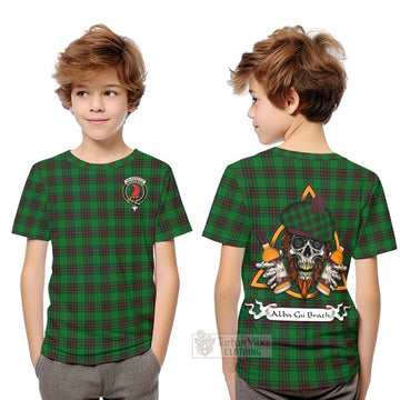 Halkerston Tartan Kid T-Shirt with Family Crest and Bearded Skull Holding Bottles of Whiskey Youth XL Size14 - Tartan Vibes Clothing