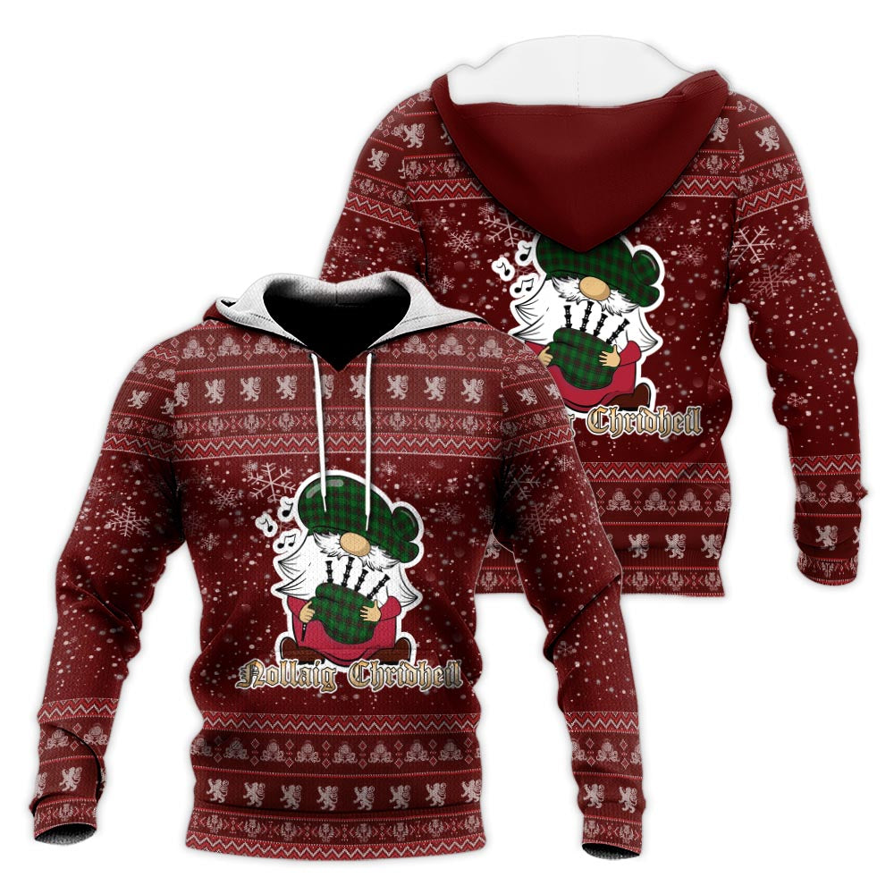 Halkerston Clan Christmas Knitted Hoodie with Funny Gnome Playing Bagpipes Red - Tartanvibesclothing
