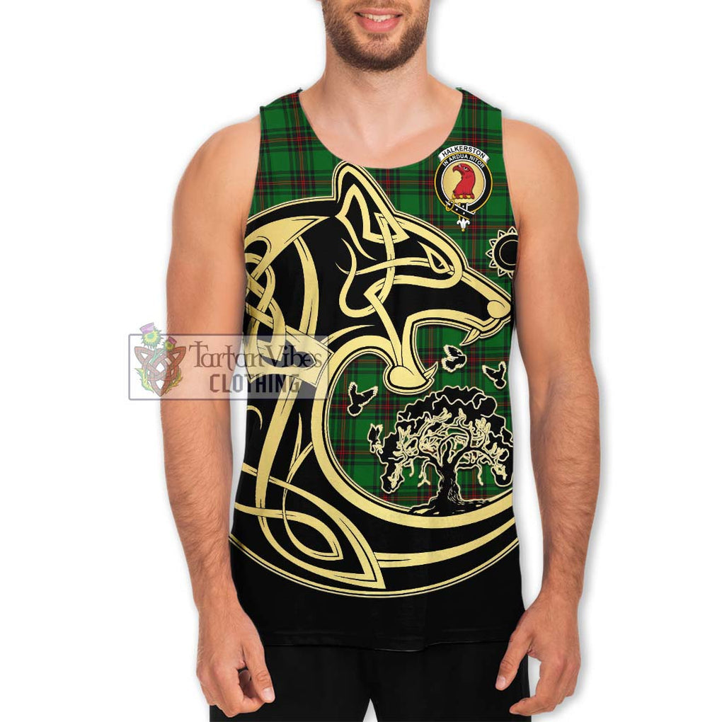 Halkerston Tartan Men's Tank Top with Family Crest Celtic Wolf Style Men - Tartan Vibes Clothing
