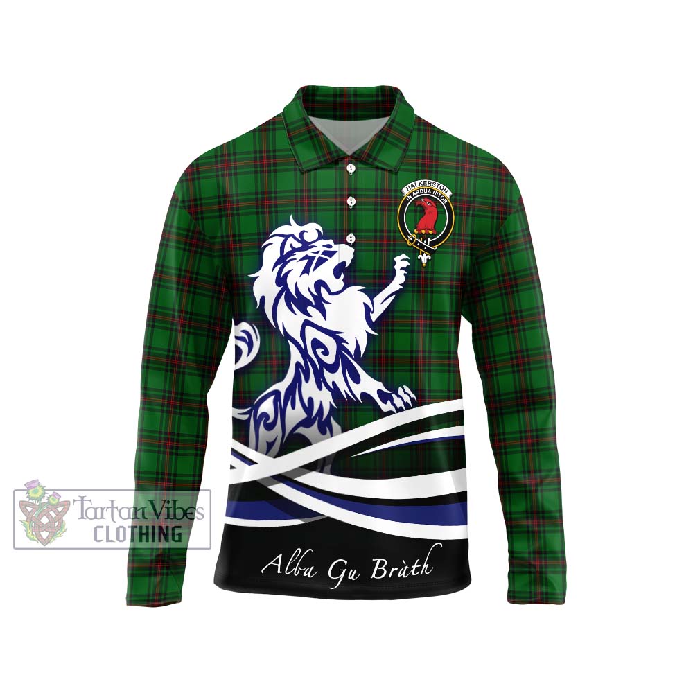 Halkerston Tartan Long Sleeve Polo Shirt with Alba Gu Brath Regal Lion Emblem Unisex - Tartan Vibes Clothing