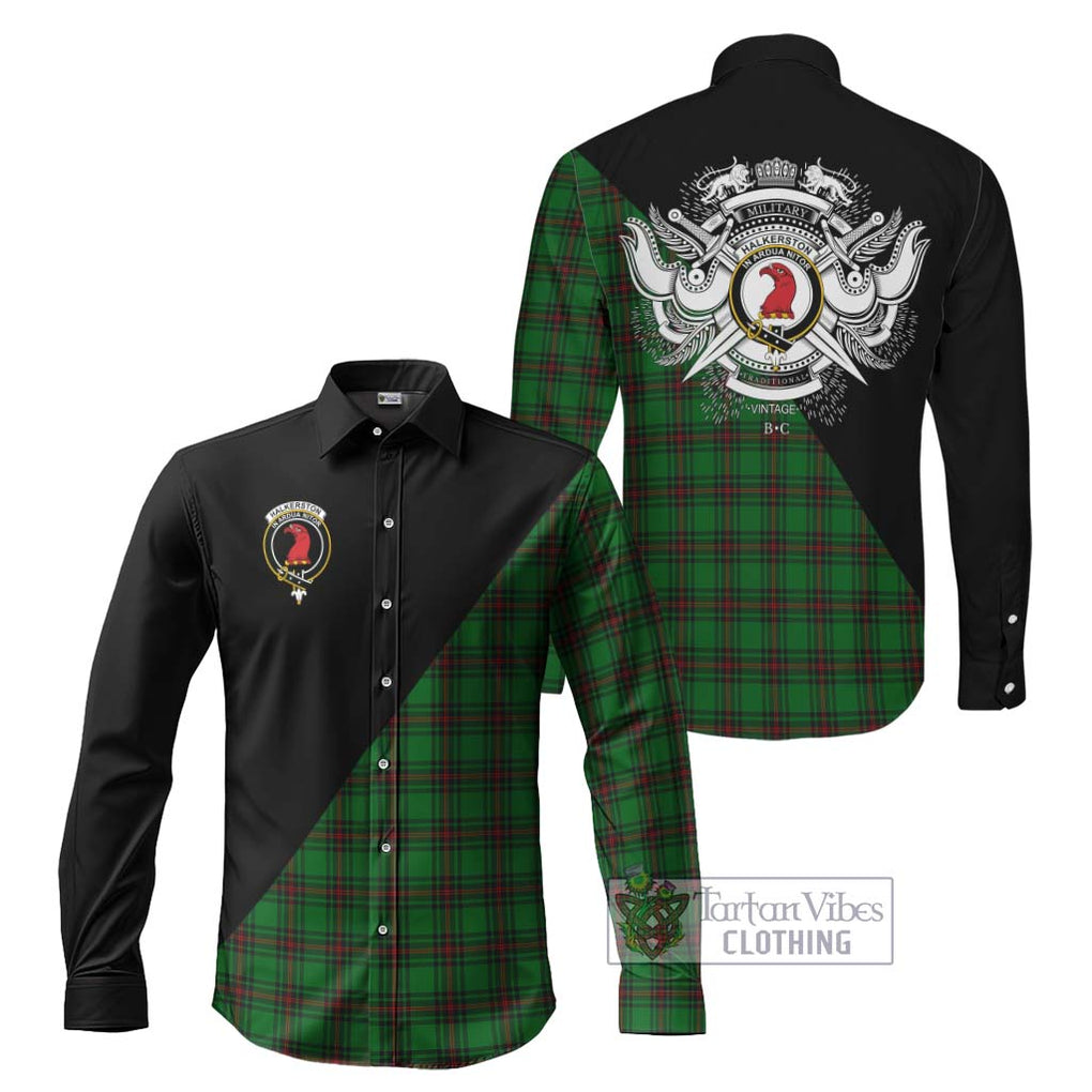 Halkerston Tartan Long Sleeve Button Shirt with Family Crest and Military Logo Style Men's Shirt S - Tartanvibesclothing Shop