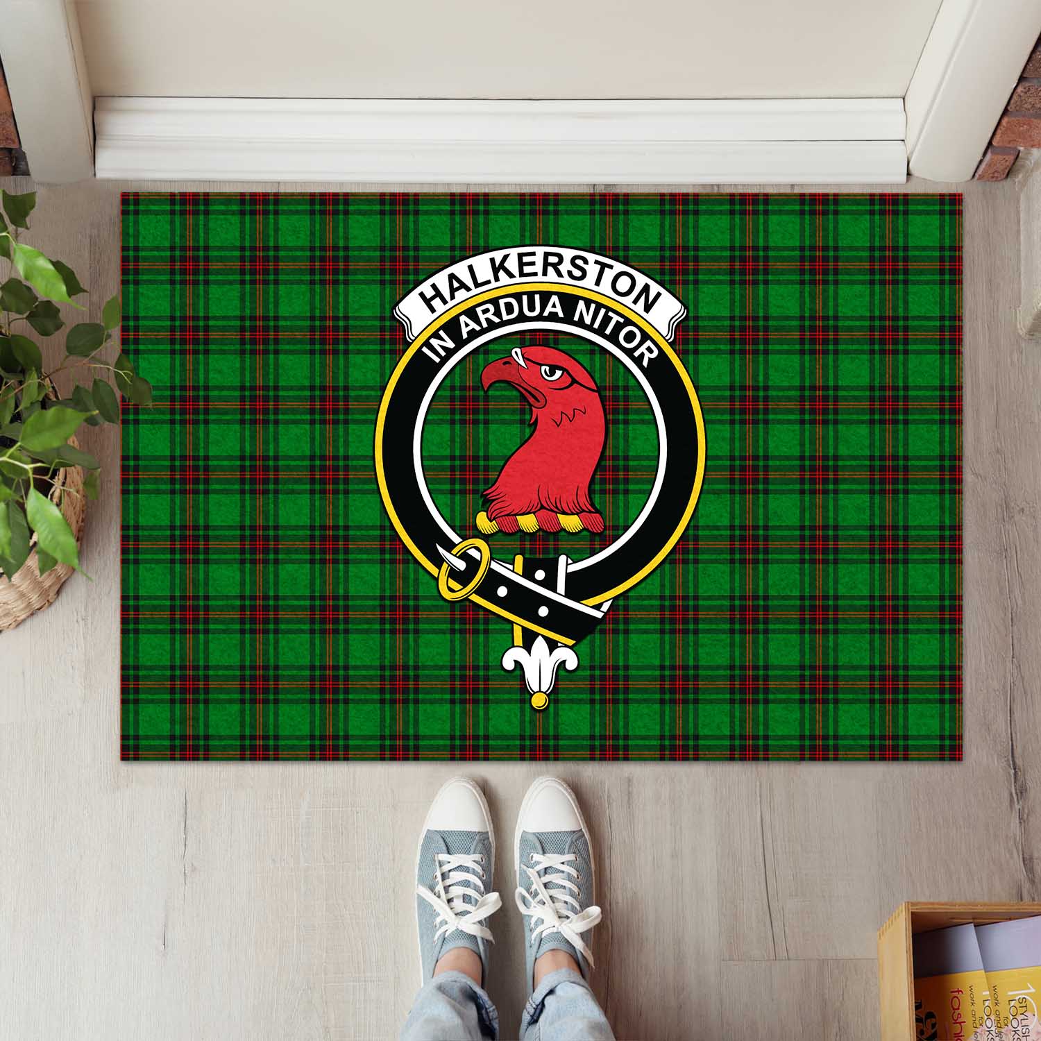 Halkerston Tartan Rubber Doormat with Family Crest L 60*90cm - Tartan Vibes Clothing