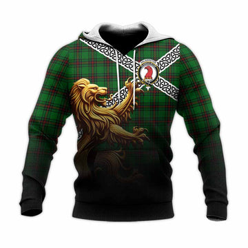 Halkerston Crest Tartan Knitted Hoodie with Golden Lion Emblem Celtic Style Unisex Knitted Pullover Hoodie - Tartan Vibes Clothing
