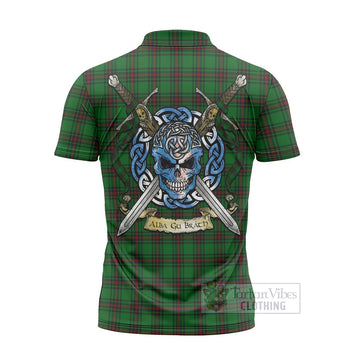 Tartan Vibes Clothing Halkerston Tartan Zipper Polo Shirt with Family Crest Celtic Skull Style