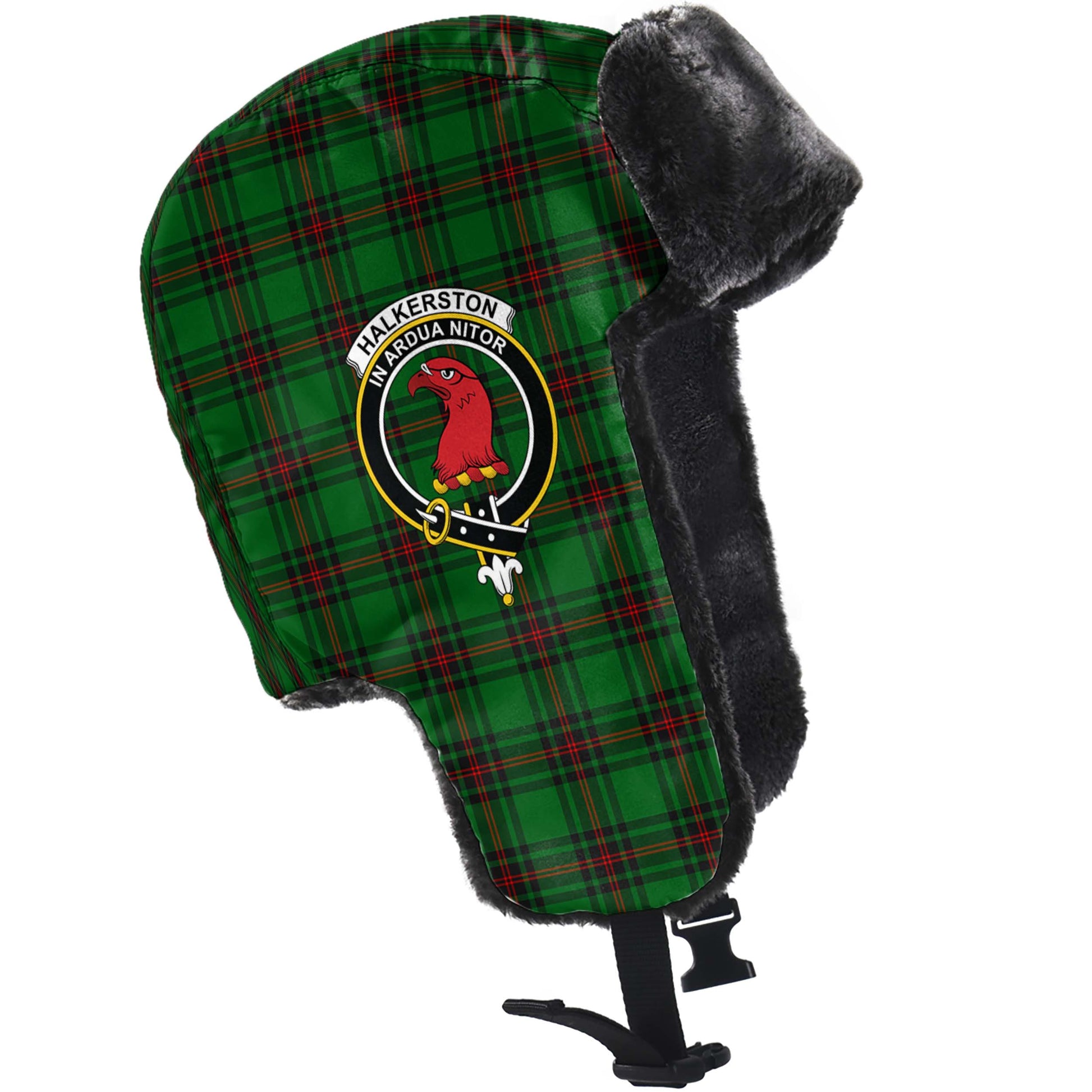 Halkerston Tartan Winter Trapper Hat with Family Crest - Tartan Vibes Clothing