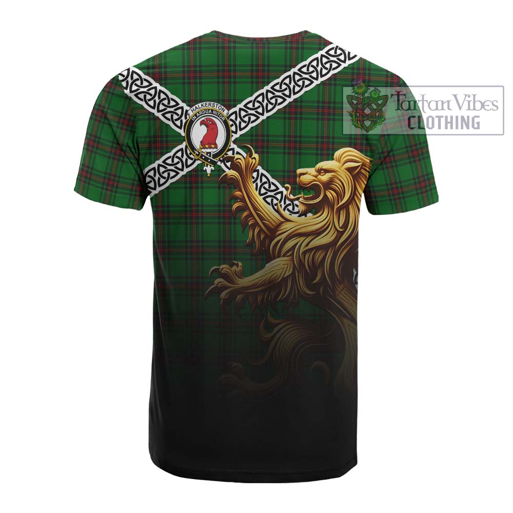 Halkerston Crest Tartan Cotton T-shirt with Golden Lion Emblem Celtic Style - Tartan Vibes Clothing