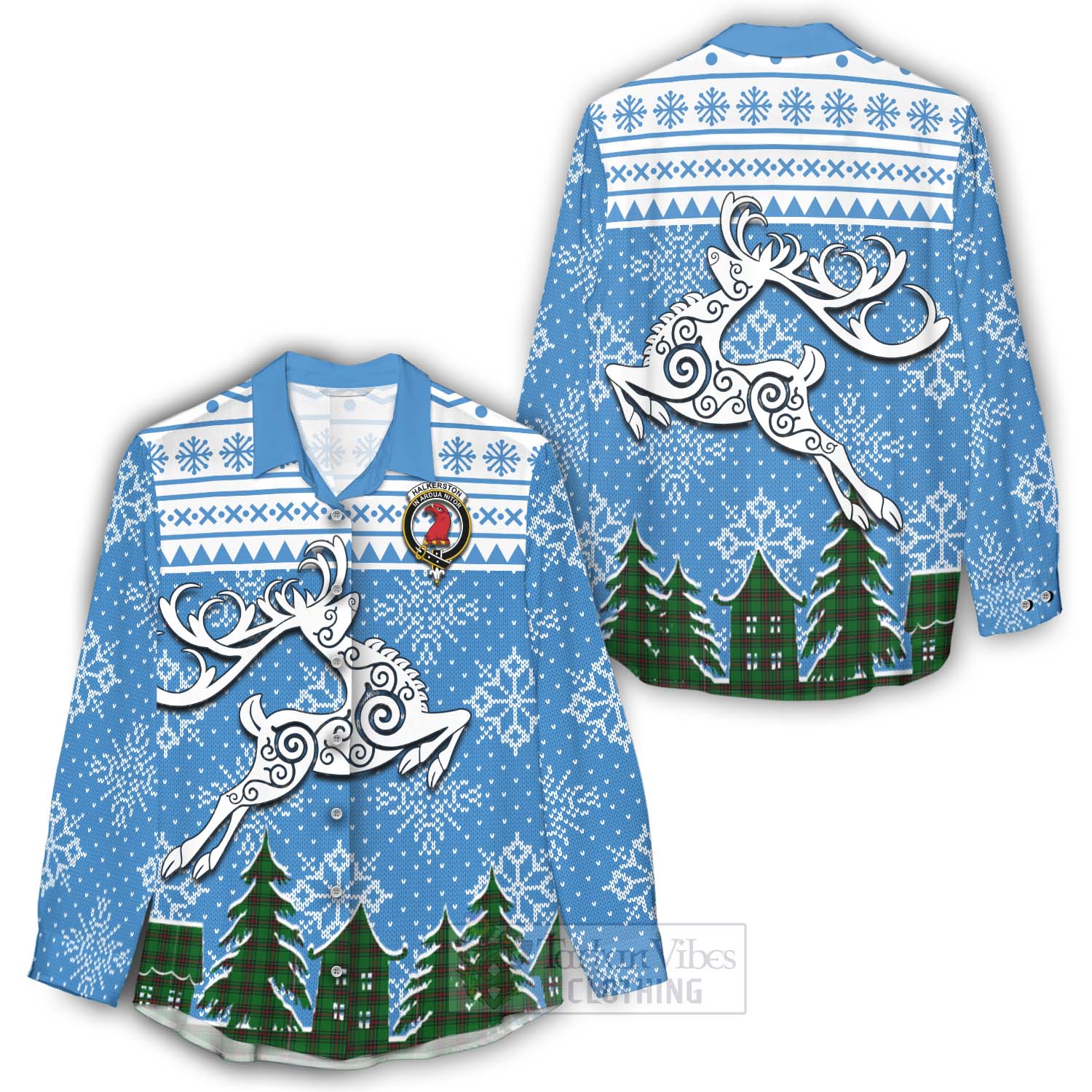 Halkerston Clan Christmas Women's Casual Shirt Celtic Reindeer Style - Tartan Vibes Clothing