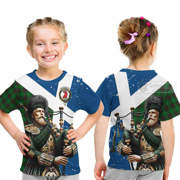 Halkerston Tartan Kid T-Shirt with Family Crest Scottish Bagpiper Vibes - Tartan Vibes Clothing