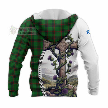 Halkerston Tartan Knitted Hoodie with Family Crest and St. Andrew's Cross Accented by Thistle Vines