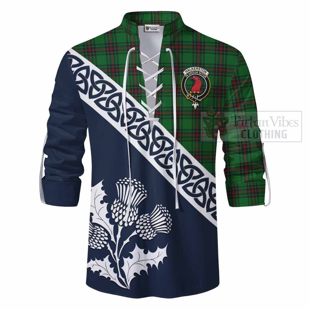 Halkerston Tartan Ghillie Kilt Shirt Featuring Thistle and Scotland Map - Tartan Vibes Clothing