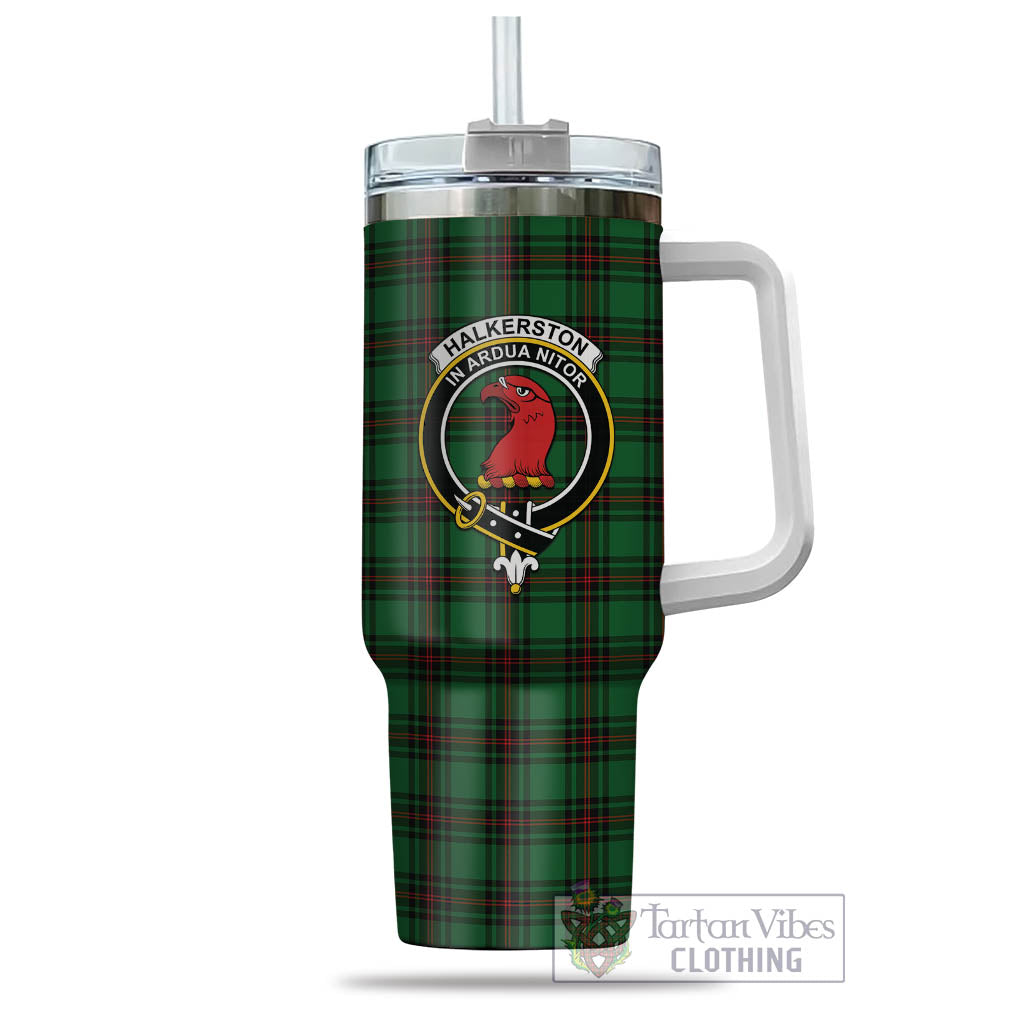 Tartan Vibes Clothing Halkerston Tartan and Family Crest Tumbler with Handle