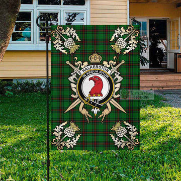 Tartan Vibes Clothing Halkerston Tartan Flag with Family Crest and Golden Thistle Crossed Sword Design