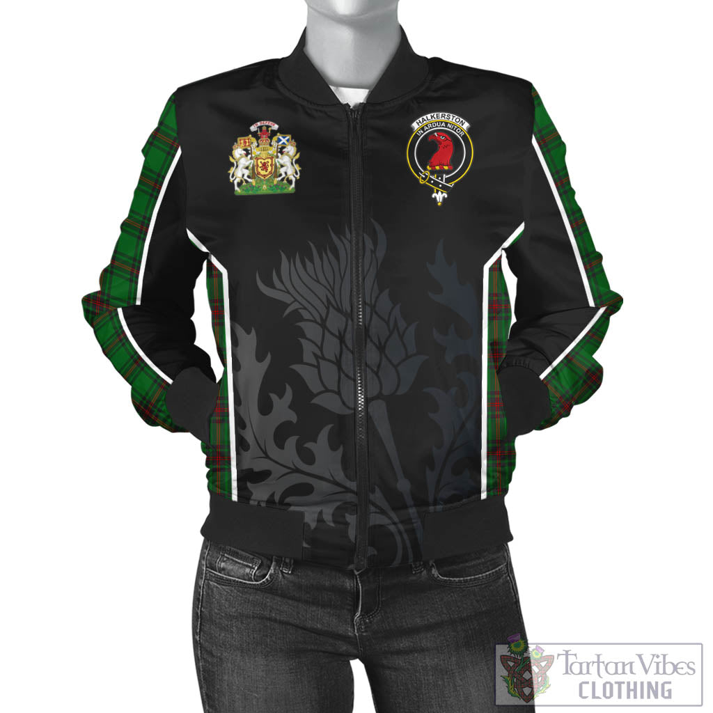 Tartan Vibes Clothing Halkerston Tartan Bomber Jacket with Family Crest and Scottish Thistle Vibes Sport Style