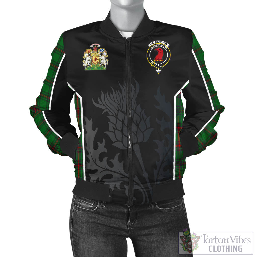Halkerston Tartan Bomber Jacket with Family Crest and Scottish Thistle Vibes Sport Style - Tartan Vibes Clothing