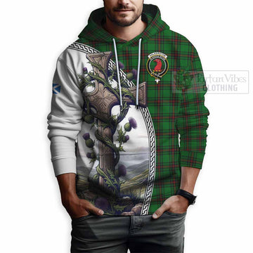 Halkerston Tartan Hoodie with Family Crest and St. Andrew's Cross Accented by Thistle Vines - Tartan Vibes Clothing