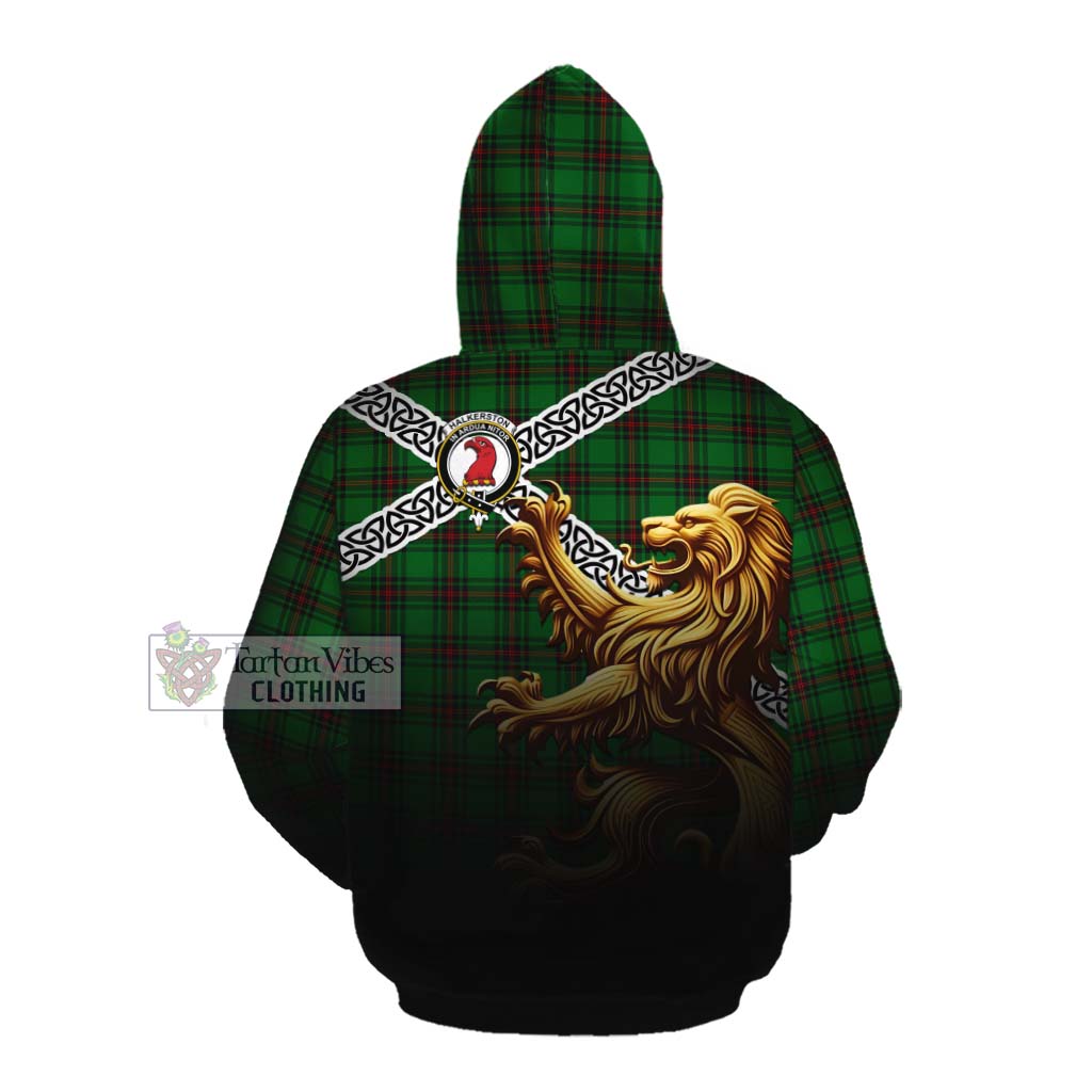 Halkerston Crest Tartan Cotton Hoodie with Golden Lion Emblem Celtic Style Pullover Hoodie - Tartan Vibes Clothing
