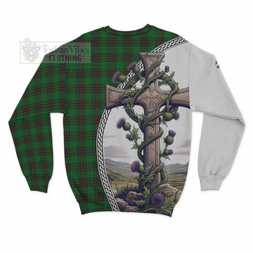 Halkerston Tartan Sweatshirt with Family Crest and St. Andrew's Cross Accented by Thistle Vines