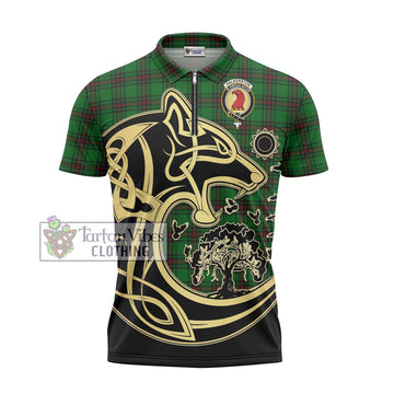 Halkerston Tartan Zipper Polo Shirt with Family Crest Celtic Wolf Style - Tartanvibesclothing Shop