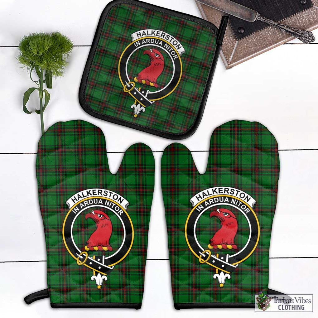 Halkerston Tartan Combo Oven Mitt & Pot-Holder with Family Crest Black - Tartan Vibes Clothing
