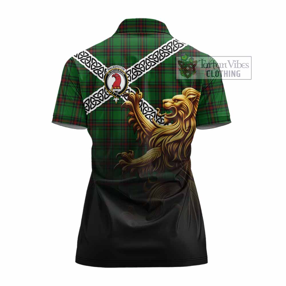 Halkerston Crest Tartan Women's Polo Shirt with Golden Lion Emblem Celtic Style - Tartan Vibes Clothing
