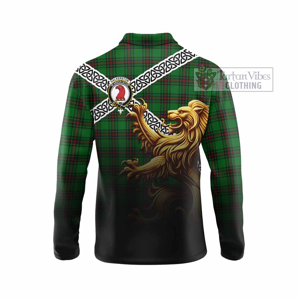 Halkerston Crest Tartan Long Sleeve Polo Shirt with Golden Lion Emblem Celtic Style - Tartan Vibes Clothing
