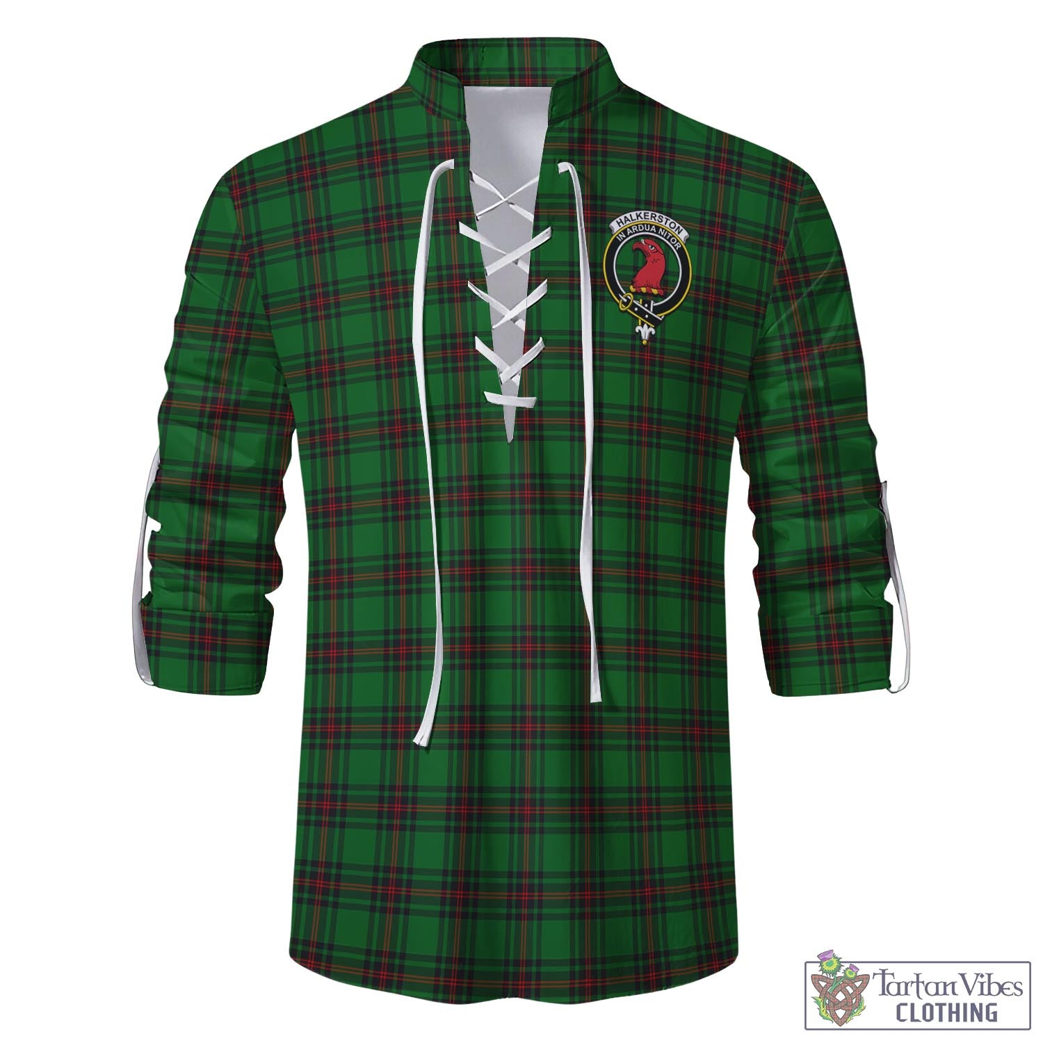 Tartan Vibes Clothing Halkerston Tartan Men's Scottish Traditional Jacobite Ghillie Kilt Shirt with Family Crest