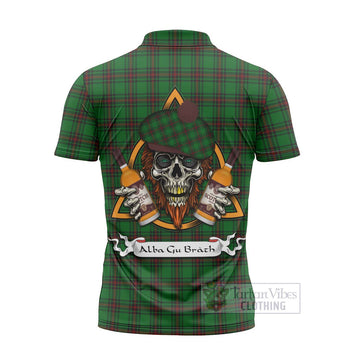 Tartan Vibes Clothing Halkerston Tartan Zipper Polo Shirt with Family Crest and Bearded Skull Holding Bottles of Whiskey