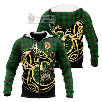 Halkerston Tartan Knitted Hoodie with Family Crest Celtic Wolf Style Unisex Knitted Zip Hoodie - Tartan Vibes Clothing